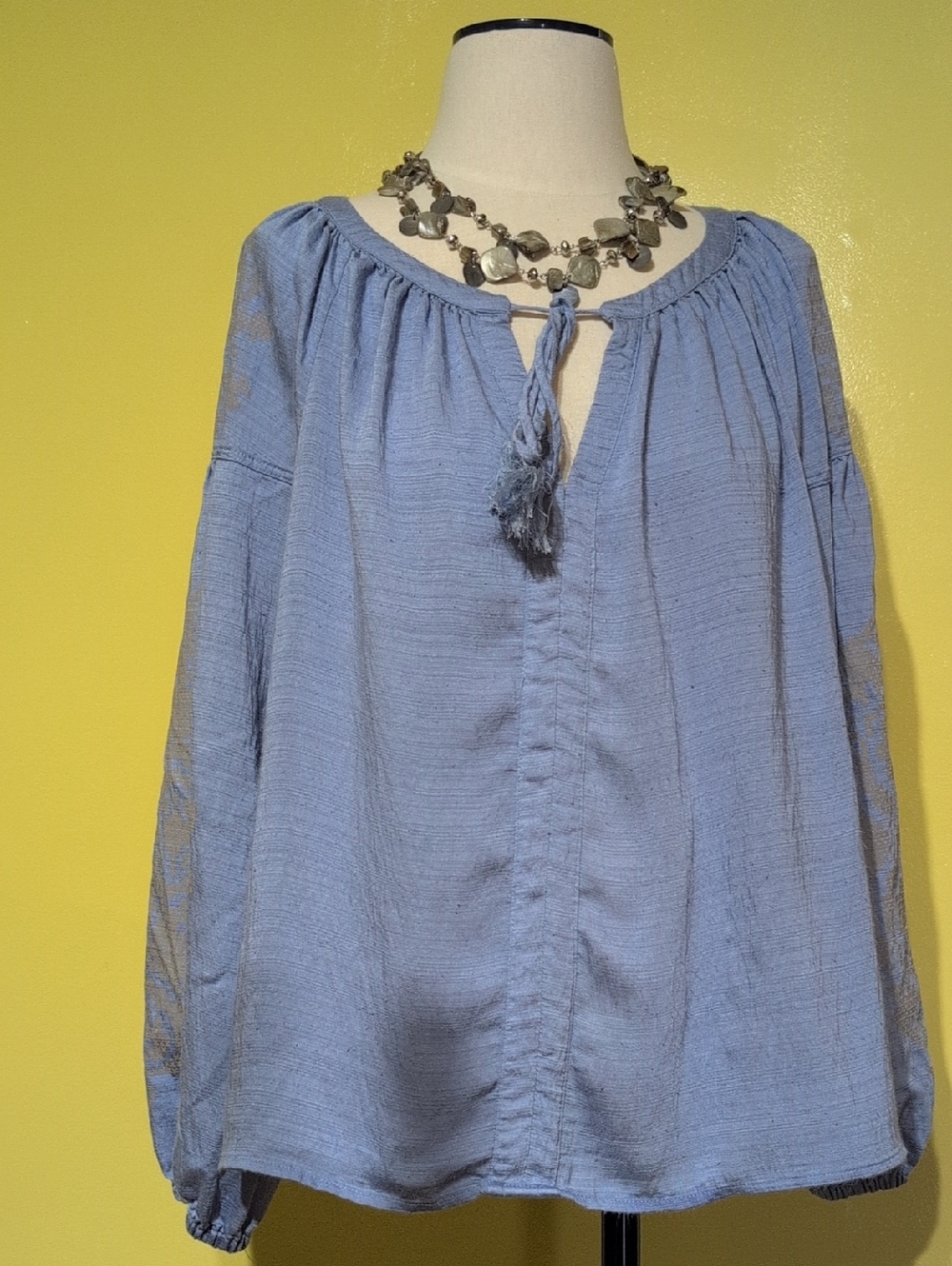 CeCe Light Blue Peasant Tunic with Tassel Tie
